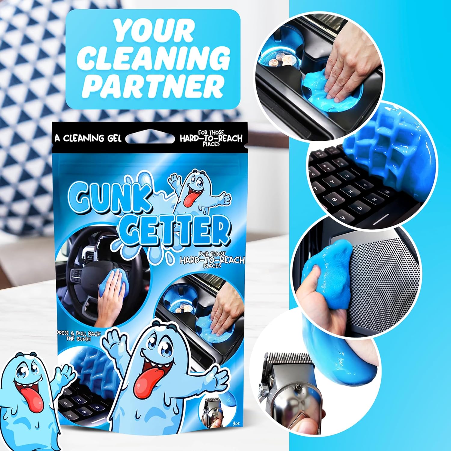 Gunk Getter 12 Pack Cleaning Gel for Those Hard to Reach Places, Automotive Cup Holder Electronic Keyboard Office, Slime Gel Cleaner Dust Crumb Removal (Resealable Pouch, Blue, 3oz) - Gunk Getter Cleaning Gel Gunk Getter Gunk Getter