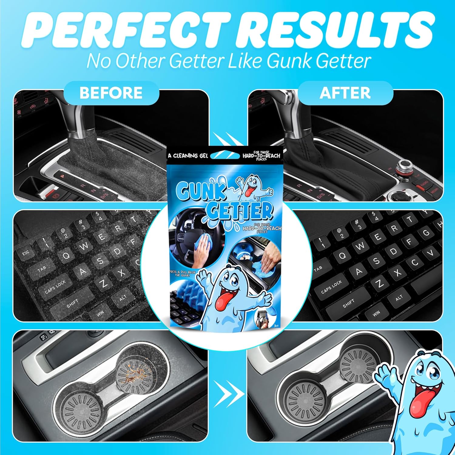 Gunk Getter 12 Pack Cleaning Gel for Those Hard to Reach Places, Automotive Cup Holder Electronic Keyboard Office, Slime Gel Cleaner Dust Crumb Removal (Resealable Pouch, Blue, 3oz) - Gunk Getter Cleaning Gel Gunk Getter Gunk Getter