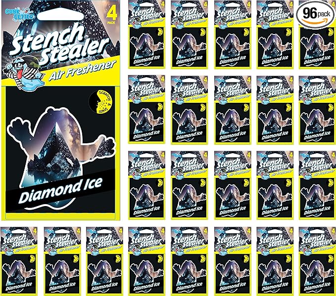 Gunk Getter Car Air Fresheners - Long Lasting Scent, Odor Eliminator, Home Essentials, Fresh Fragrance - 96 Pack - Diamond Ice - Gunk Getter Auto Starter Collection Gunk Getter Gunk Getter