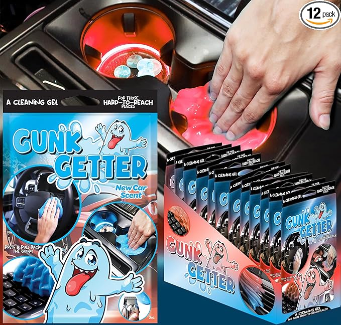 Gunk Getter, Cleaning Gel for Those Hard to Reach Places, Automotive Cup Holder Electronic Keyboard Office, Slime Gel Cleaner Dust Crumb Removal (New Car, 12 Pack) - Gunk Getter Auto Starter Collection Gunk Getter Gunk Getter